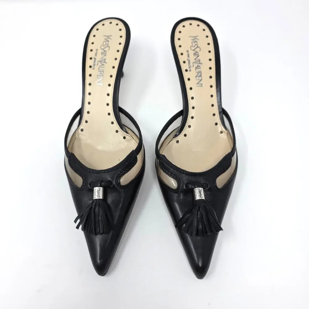Yves Saint Laurent Vintage Kitten Heel Mules Pointed Toe Black Leather 36.5 6.5